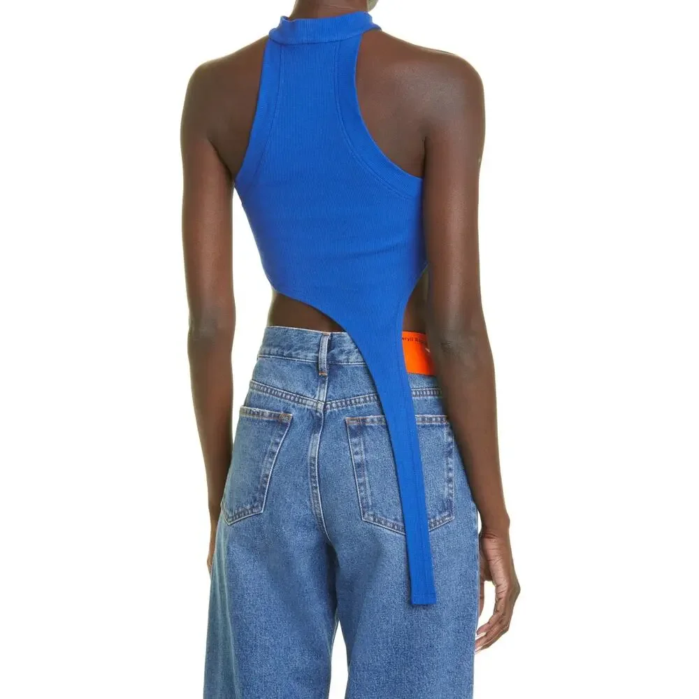 K.ngsley Bright Blue Race Her Ribbed Asymmetrical Cropped Halter Tank Top Small - Picture 2 of 10